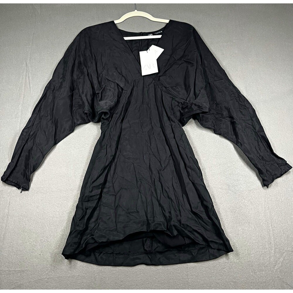 ZARA Black Solid V-Neck Long Sleeve Mini Dress Size S 7385/349/800